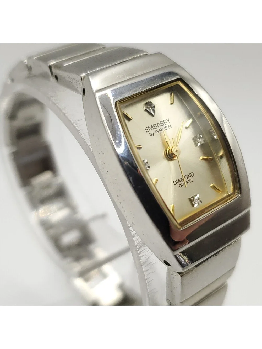 Embassy By Gruen Diamond Watch Women New Battery 20mm Silver Tone